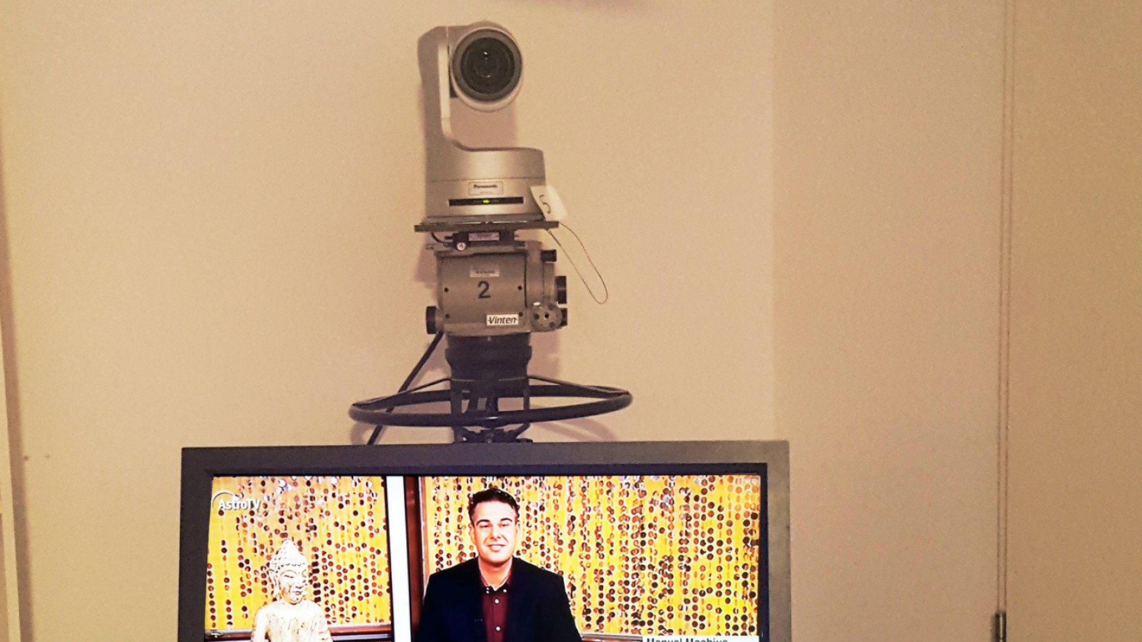 Studio camera and monitor during a television appearance by Manuel Möbius
